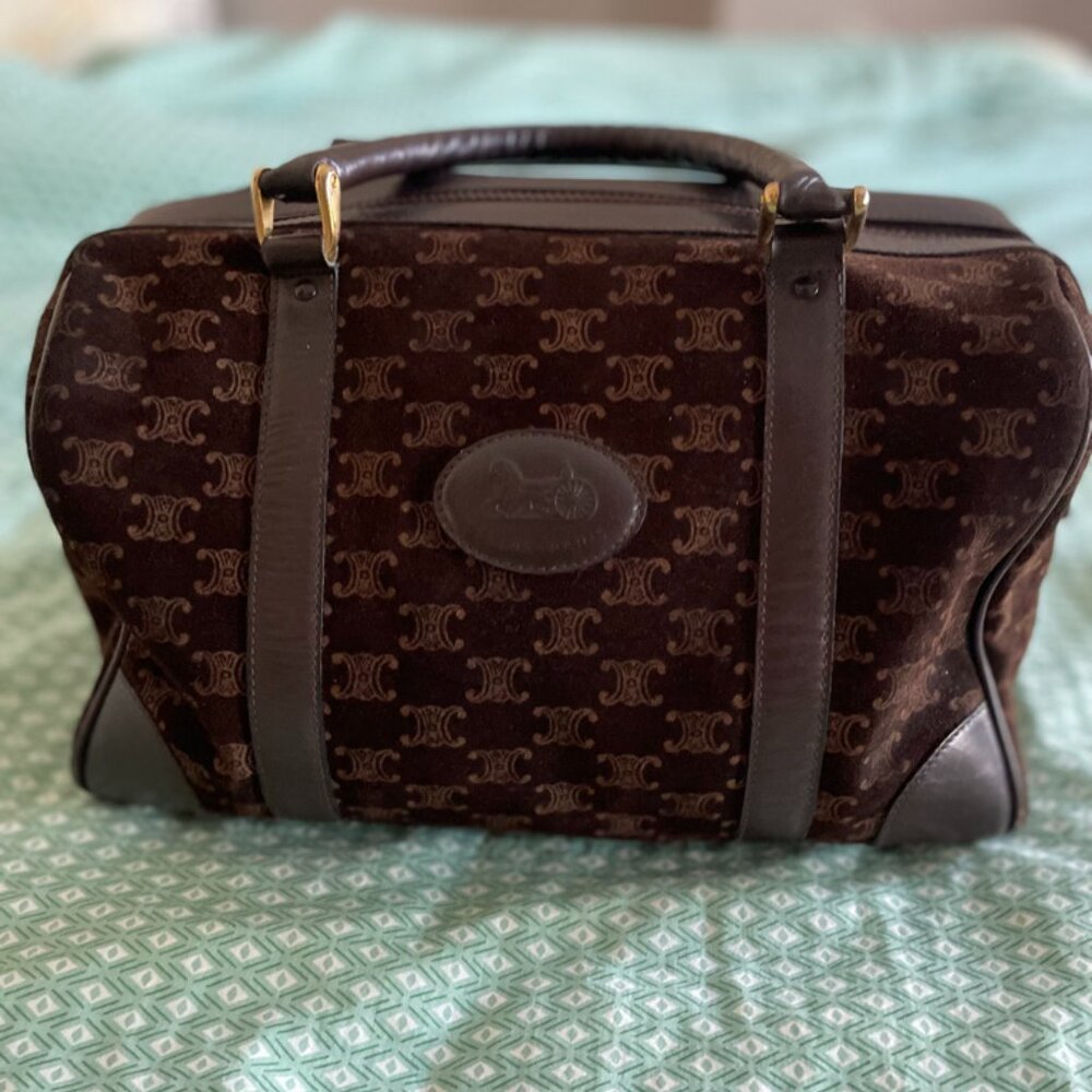 CELINE VINTAGE BOSTON BAG BROWN SUEDE WITH LOGO PRINT